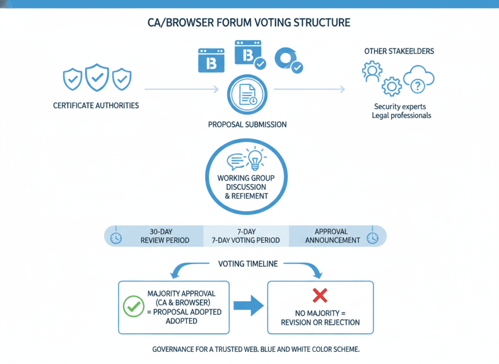 CA/Browser Forum voting process diagram showing stakeholder participation tls certificate, transport layer security, secure sockets layer, public private key, transport layer, layer security, private key, public key, certificate authority, secure sockets, sockets layer, web server, tls certificates, public private, server, certificate, security, client, tls, key, certificates, message, name, data, web, network, type, authentication, information, file, request, configuration, code, communication, state, address, trust, signature, email, letter, process, step, unit, company, certificate signing request, using private key, private key certificate, using public key, public key certificates, server public key