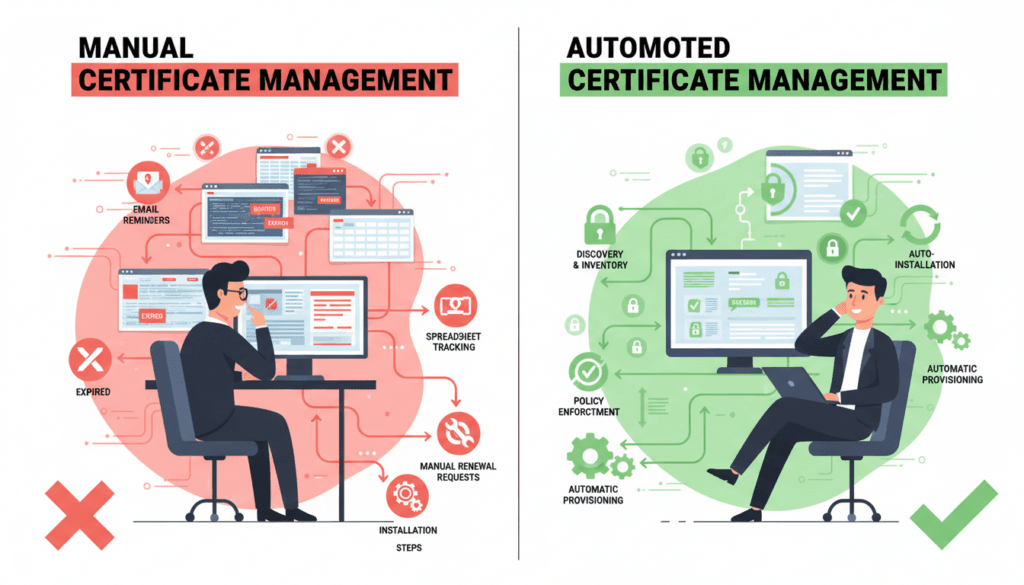 Comparison diagram showing manual versus automated certificate management workflows tls certificate, transport layer security, secure sockets layer, public private key, transport layer, layer security, private key, public key, certificate authority, secure sockets, sockets layer, web server, tls certificates, public private, server, certificate, security, client, tls, key, certificates, message, name, data, web, network, type, authentication, information, file, request, configuration, code, communication, state, address, trust, signature, email, letter, process, step, unit, company, certificate signing request, using private key, private key certificate, using public key, public key certificates, server public key