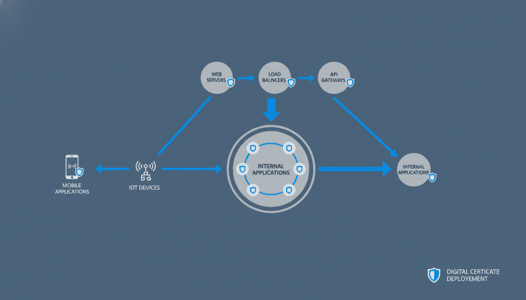 Enterprise network showing multiple certificate deployment points tls certificate, transport layer security, secure sockets layer, public private key, transport layer, layer security, private key, public key, certificate authority, secure sockets, sockets layer, web server, tls certificates, public private, server, certificate, security, client, tls, key, certificates, message, name, data, web, network, type, authentication, information, file, request, configuration, code, communication, state, address, trust, signature, email, letter, process, step, unit, company, certificate signing request, using private key, private key certificate, using public key, public key certificates, server public key