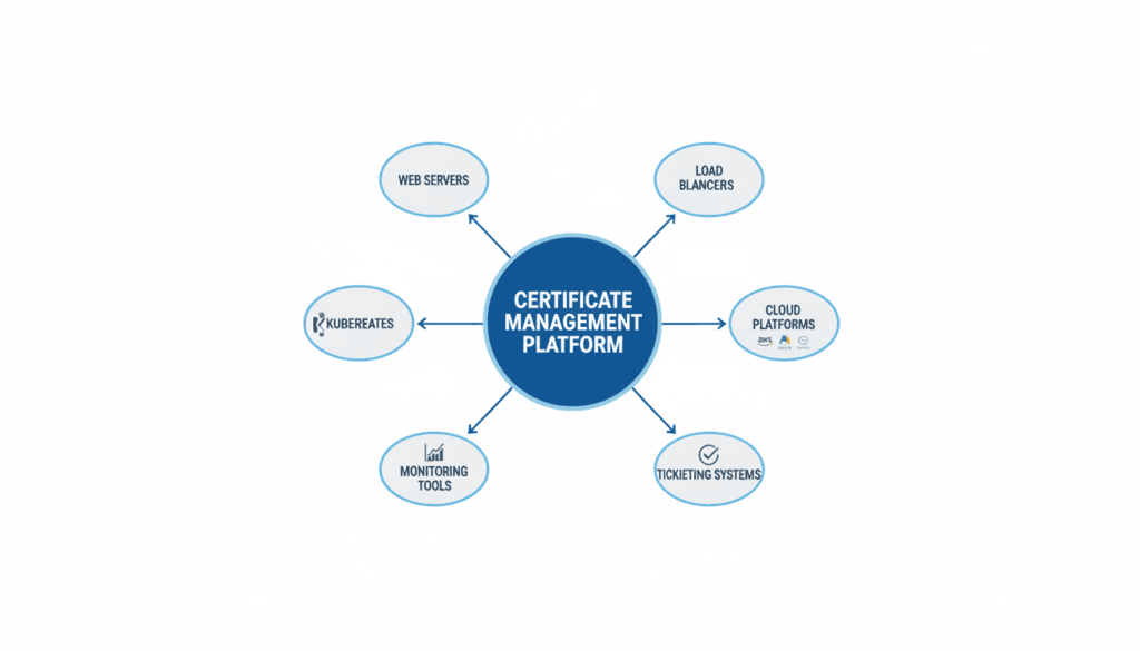 Integration diagram showing certificate management connections to various IT systems tls certificate, transport layer security, secure sockets layer, public private key, transport layer, layer security, private key, public key, certificate authority, secure sockets, sockets layer, web server, tls certificates, public private, server, certificate, security, client, tls, key, certificates, message, name, data, web, network, type, authentication, information, file, request, configuration, code, communication, state, address, trust, signature, email, letter, process, step, unit, company, certificate signing request, using private key, private key certificate, using public key, public key certificates, server public key